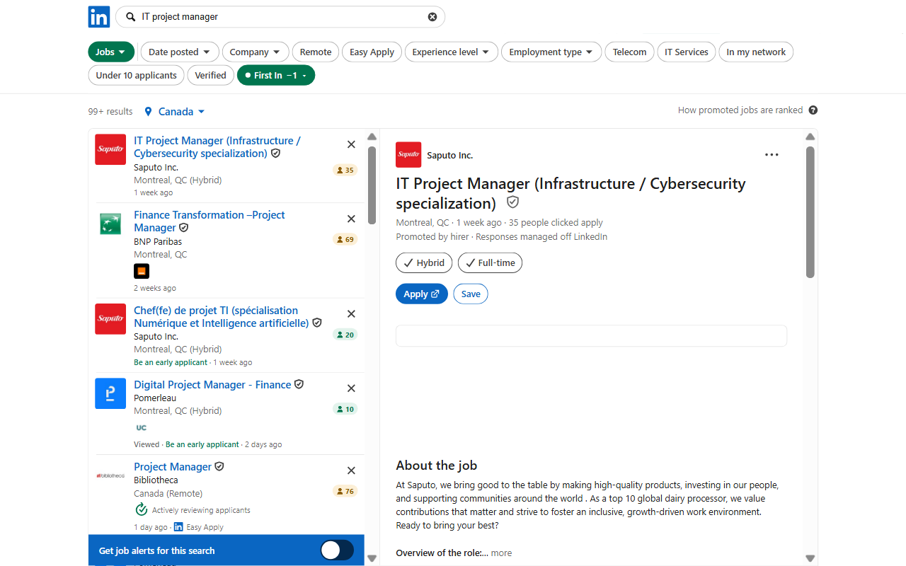 A LinkedIn job search page with an applicant count on every job card and the First In filter box on the right